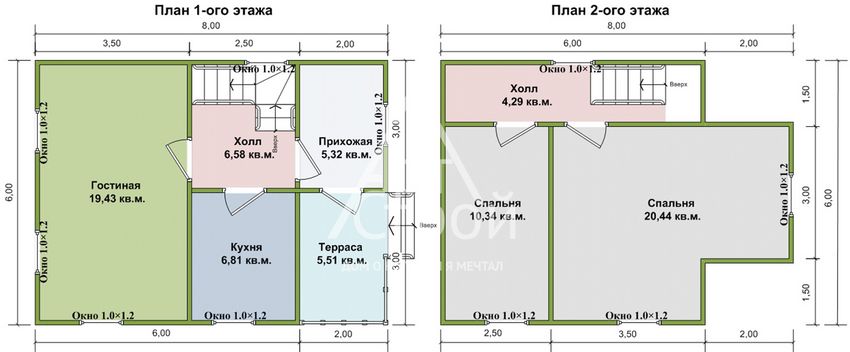 Планировка Дом из бруса Волхов первый и второй этаж